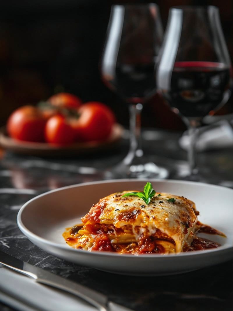 Lasagna alle melanzane gratinata con mozzarella filante del ristorante Le Contrade
