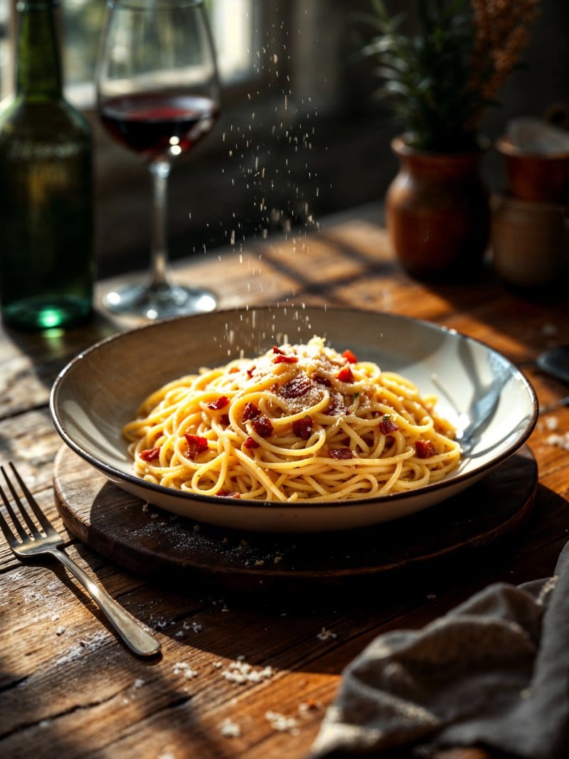 Spaghetti alla carbonara con pancetta e parmigiano abbinati a un calice di vino rosso